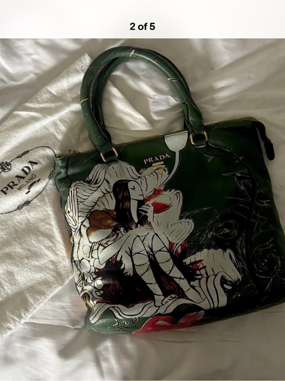 Leather Green Fairy Floral Print Satchel Top Handle Bag Zip Closure Artistic Bag - Picture 2 of 8